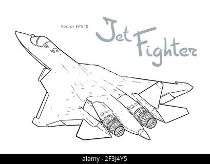 Flight of the newest russian jet fighter aircraft. Vector freehand draw. Black lines isolated on white background. Stock Vector