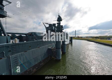 View of USS Texas from walkway, adjacent to San Jacinto River, Houston, Texas. Stock Photo