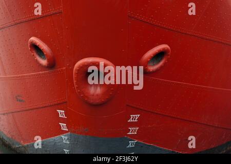 Detail of the bow of the former Mersey Bar Lightship, Planet, moored in Canning Dock, Liverpool. Stock Photo