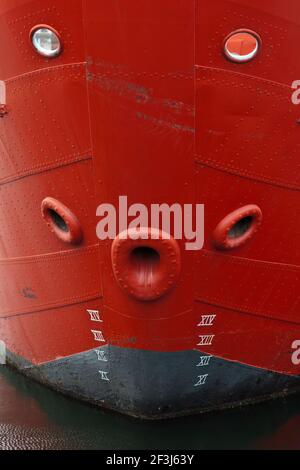 Detail of the bow of the former Mersey Bar Lightship, Planet, moored in Canning Dock, Liverpool. Stock Photo