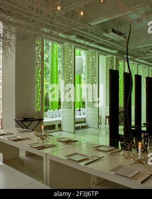 Green T. House, Beijing, a restaurant-tea house designed and owned by JinR. The interior of the ample space is suffused with a green glow reflecting f Stock Photo