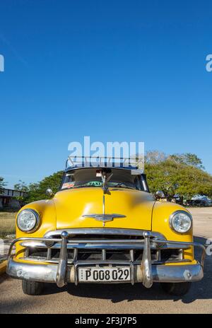 Chevrolet classic car from the 1950s used as a taxi, Playa GirÃ³n, Cuba Stock Photo