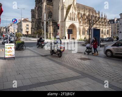 Caen, France, February 20, 2021. City Caen Streets in Normandy in pandemic times, police patrol on motorcycles Stock Photo