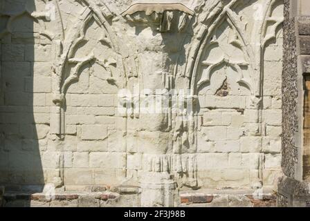 Remains of tracery detail in the wall on the outside of the Cathedral, St Alban's, Hertfordshire, England | NONE | Stock Photo