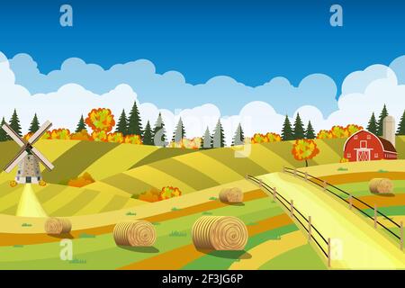 Countryside landscape with haystacks on fields. Stock Vector