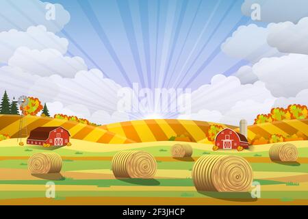 Countryside landscape with haystacks on fields. Stock Vector