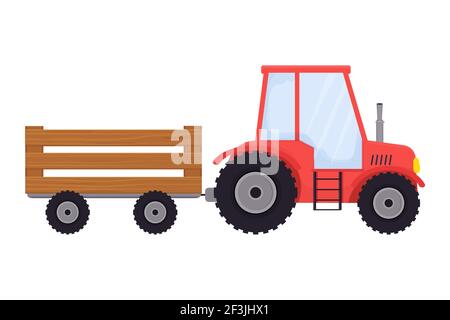 Red tractor with trailer, agriculture equipment in cartoon style isolated on white background. Country vehicle, harvest. . Vector illustration Stock Vector