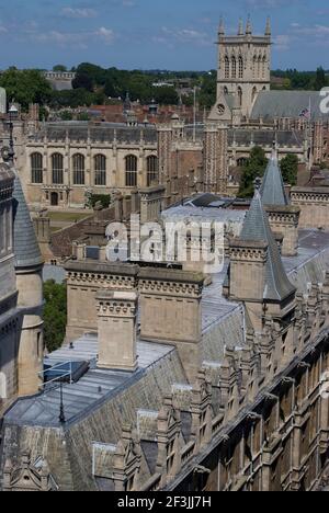 Aerial view of the colleges (including St John's) taken from St Mary's Church, Cambridge, Cambridgeshire, England | NONE | Stock Photo