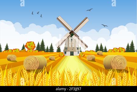 Countryside landscape with haystacks on fields. Stock Vector