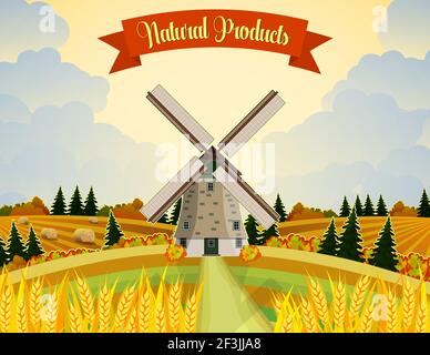 Countryside landscape with haystacks on fields. Stock Vector