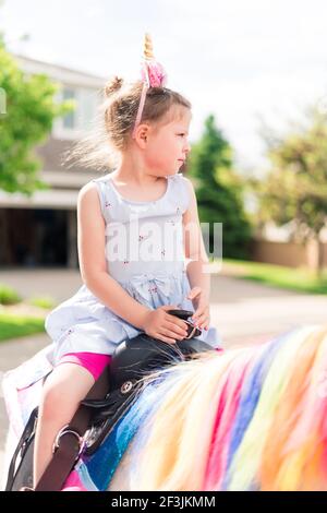 Little girl riding a unicorn at the little girl birthday party. Stock Photo