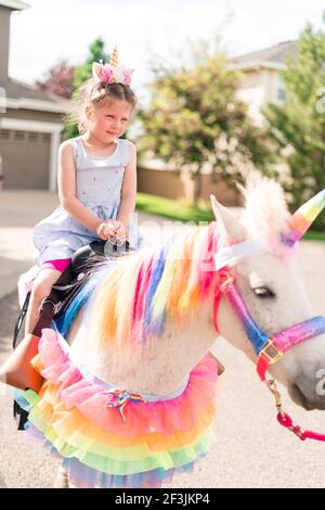 Little girl riding a unicorn at the little girl birthday party. Stock Photo