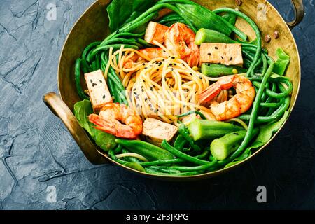 Delicious pasta with shrimps and cowpea.Thai cuisine.Asian salad Stock Photo