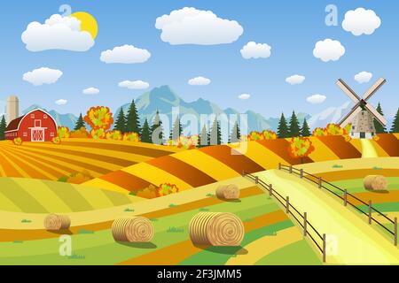 Countryside landscape with haystacks on fields. Stock Vector
