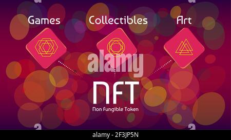 NFT non fungible tokens infographics on colorful abstract background. Pay for unique collectibles in games or art. Stock Photo