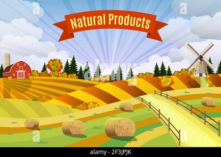 Countryside landscape with haystacks on fields. Stock Vector