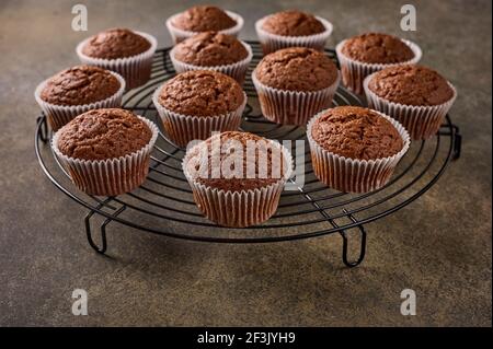 Homemade chocolate cupcakes on a grille stand on wooden background, close up, selective focus Stock Photo