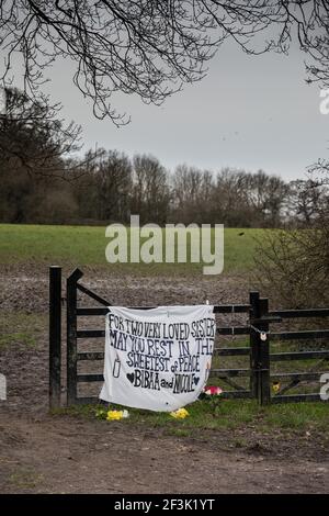 Fryent Park, Wembley Park, UK. 17th March 2021.  As we focus on the murder of Sarah Everard, Alina Wahab and Fawwaz Noibi have set up a memorial to two sisters murdered last June.   The bodies of Nicole Smallman, 27, and Bibaa Henry, 46, were found in Fryent Park in Wembley on 7 June, two days after they went missing following a birthday party in the park.   13 Metropolitan Police officers were suspended for sharing inappropriate images, including selfies of themselves with the sisters bodies, via WhatsApp, but have still not been charged.  Amanda Rose/Alamy Live News Stock Photo