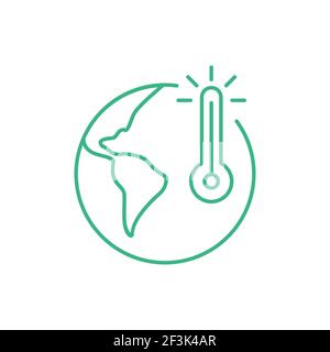 Climate change icon. Global warming sign. Simplified globe outline with thermometer. Greenhouse effect on planet. Earth's temperature measurement. Stock Vector