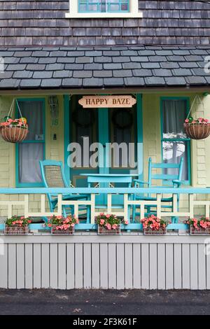 A Carpenter Gothic (Gingerbread) cottage in the campgrounds Oak Bluffs Martha's Vineyard Massachusetts New England USA Stock Photo