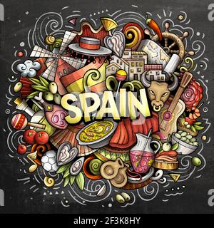 Spain hand drawn cartoon doodle illustration. Funny Spanish design. Creative art vector background. Handwritten text with elements and objects. Colorf Stock Vector