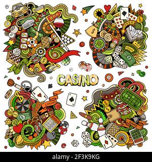 Casino cartoon vector doodle designs set. Colorful detailed compositions with lot of gambling objects and symbols. All items are separate Stock Vector