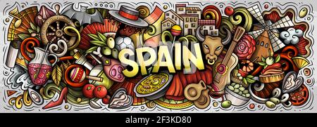Spain hand drawn cartoon doodles illustration. Spanish funny objects and elements poster design. Creative art background. Colorful vector banner Stock Vector