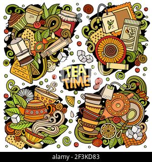 Colorful vector hand drawn doodles cartoon set of Tea combinations of objects and elements. All items are separate Stock Vector