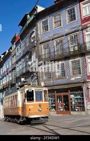 An historic traditional tram in the Old Town of Porto (Oporto), Portugal Stock Photo