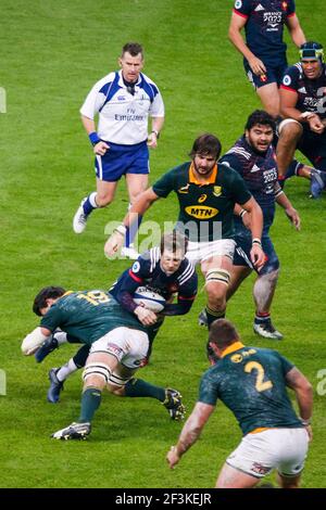 France's Baptiste Serin is tackled by South Africa's Franco Mostert during the 2017 Autumn Test Rugby Union match between France and South Africa on November 18, 2017 at Stade de France in Saint-Denis, France - Photo Geoffroy Van Der Hasselt / DPPI Stock Photo