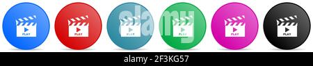 Video vector icons, set of circle gradient buttons in 6 colors options for webdesign and mobile applications Stock Vector