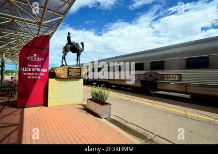 Alice Springs, NT, Australia - November 16, 2017: The Ghan railway in Alice Springs station, train between Adelaide and Darwin through Australia Stock Photo