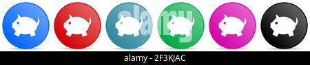 Piggy bank vector icons, set of circle gradient buttons in 6 colors options for webdesign and mobile applications Stock Vector