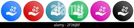 Money, cash vector icons, set of circle gradient buttons in 6 colors options for webdesign and mobile applications Stock Vector