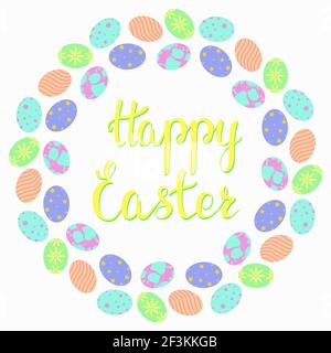 Round frame with Easter eggs. Frame with colorful eggs in a circle and the inscription Happy Easter. Postcard for the holiday, congratulations.Vector.
