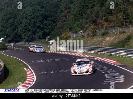 AUTO - 24 HEURES DU NURBURGRING 2003 - 20030601 - PHOTO : GILLES BOUVIER / AUTOMEDIA EMMANUEL COLLARD / LUCAS LUHR / TIMO BERNHARD - PORSCHE 996 - ACTION Stock Photo