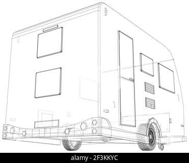 Camper Trailer Isolated. Wire-frame. The layers of visible and invisible lines are separated. EPS10 format Stock Vector