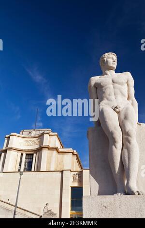 Statue in the Trocadero Gardens in front of the Palais de Chaillot, Paris, France. Stock Photo