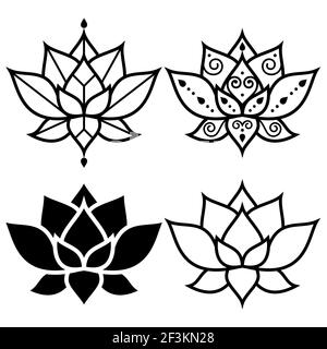 Lotus flowers simple geometric design set -  yoga, zen, buddhism, mindfulness concept Stock Vector