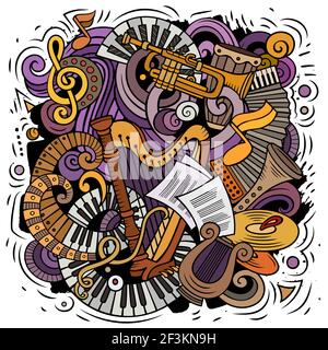 Cartoon vector doodles Classic music illustration. Colorful, detailed, with lots of objects background. All objects separate. Bright colors musical fu Stock Vector