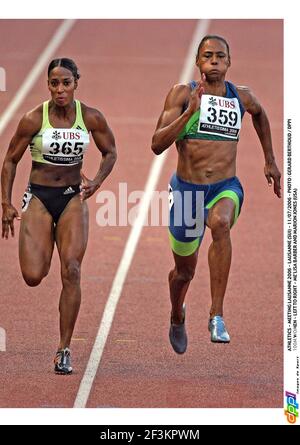 ATHLETICS - MEETING LAUSANNE 2006 - LAUSANNE (SUI) - 11/07/2006 - PHOTO : GERARD BERTHOUD / DPPI 100M WOMEN - LEFT TO RIGHT - ME'LISA BARBER AND MARION JONES (USA) Stock Photo