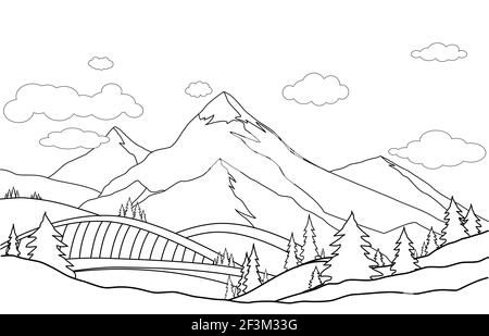 Line art, drawing of mountain  landscape vector illustration. Cartoon of spring summer beautiful nature, green grasslands meadow with  forest . Stock Photo