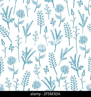 Seamless pattern of a little blue flowers and twigs on a white background, vector pattern. Stock Vector