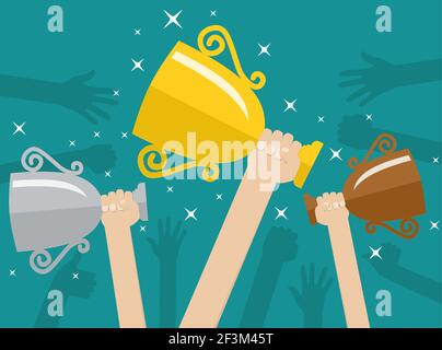 Hands holding trophies winner cups. Stock Vector