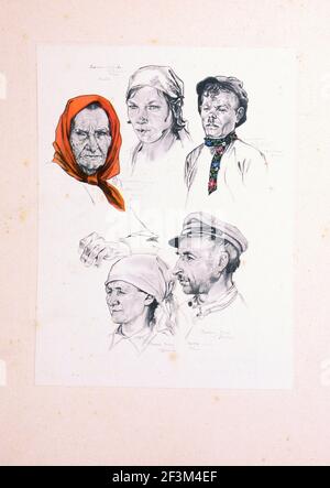 World War II sketches by German artists. Germany. Soviet people types. USSR. 1940s Stock Photo