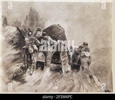 German World War II period art. German anti-aircraft artillery on difficult paths through the Bulgarian-Greek border mountains. 1941 Stock Photo