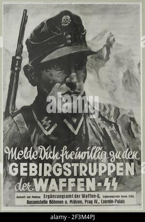 Vintage German recruitment propaganda poster. Volunteer with the mountain troops of the Waffen SS in Protectorate of Bohemia and Moravia (German occup Stock Photo