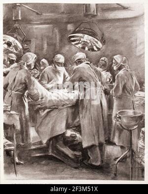 World War II period from German propaganda news. Allied bombing of Nazi Germany. 1940s In the German operating room of a hospital bunker, which has it Stock Photo