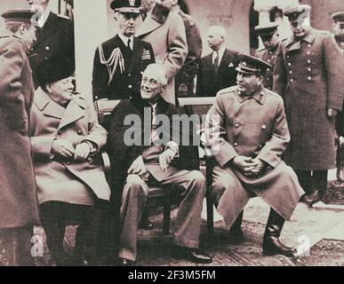 Archival photo of Churchill, Roosevelt, and Stalin meet at the Livadia Palace at Yalta in February 1945. Stock Photo