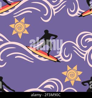 Seamless vector pattern with surfer silhouette on purple background. Summer sport wallpaper design. Happy lifestyle fashion textile. Stock Vector